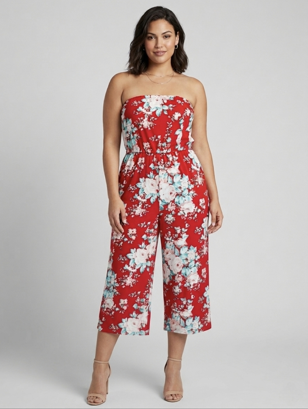 Streetwear Society Red Floral Strapless Jumpsuit - Cropped Wide Leg - Size M